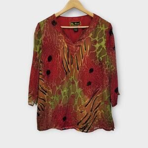 Mirasol Tunic Top‎ Size Large Red Multicolor Silk Blend Beaded Neckline Light
